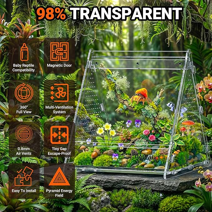 Triangular Jumping Spider Enclosure, Acrylic Terrarium with Magnetic Doors, 0.8mm Micro-Ventilation& Escape-Proof Design for Tarantulas, Lizards, Small Pets, 6.5"x7.3"x7"