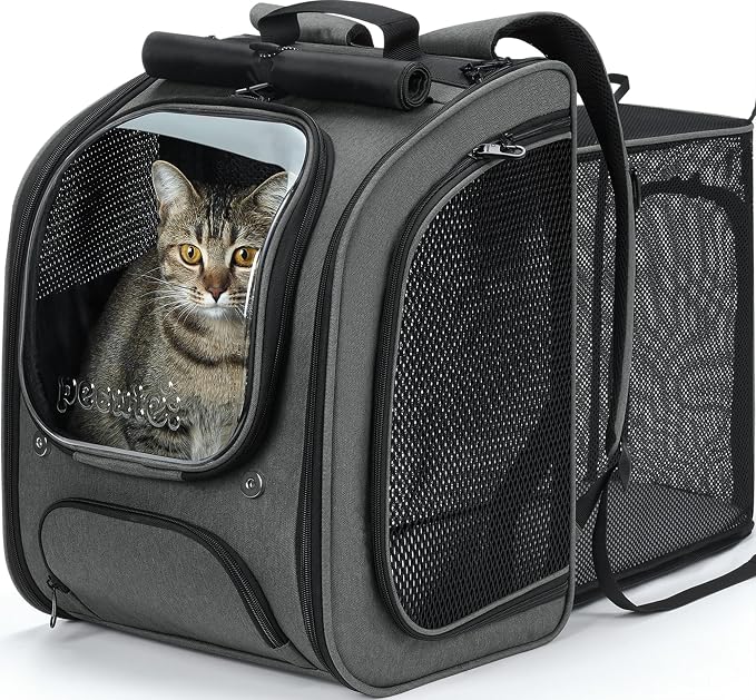 Pecute Cat Backpack Carrier,Large Space Cat Bubble Backpack,Ergonomic,Gray | Expandable,Sunshade Curtain,Transparent Window,Safety Rope,Sturdy,Large Mesh on Both Sides for Breathability,for Outdoor,Vet