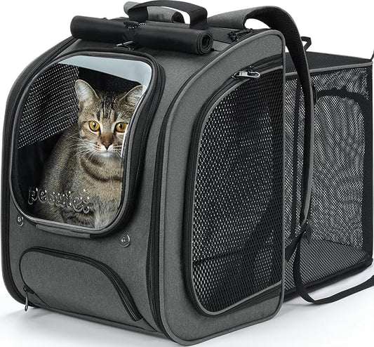 Pecute Cat Backpack Carrier,Large Space Cat Bubble Backpack,Ergonomic,Gray | Expandable,Sunshade Curtain,Transparent Window,Safety Rope,Sturdy,Large Mesh on Both Sides for Breathability,for Outdoor,Vet