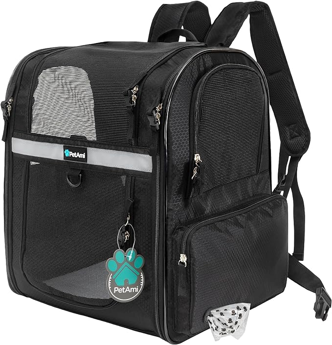 PetAmi Dog Backpack Carrier for Cats, 4-Way Entry Ventilated, 18 lbs, Black | Sherpa Bed Included, Foldable Load-In Top, Safety Reflective Strap, Breathable Mesh, Poop Bag Dispenser, Padded Back Support
