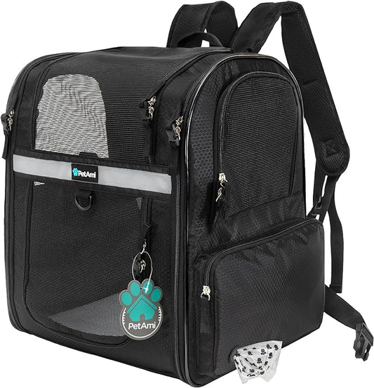 PetAmi Dog Backpack Carrier for Cats, 4-Way Entry Ventilated, 18 lbs, Black | Sherpa Bed Included, Foldable Load-In Top, Safety Reflective Strap, Breathable Mesh, Poop Bag Dispenser, Padded Back Support