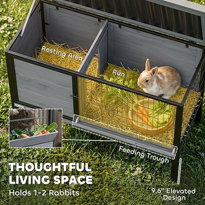 PawHut Elevated Rabbit Hutch Outdoor, Wooden Rabbit Cage Bunny House with Pull-Out Tray and Openable Plastic Roof for Indoor Outdoor, Light Gray