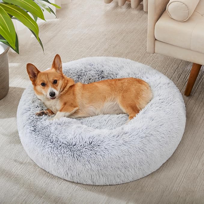 Western Home Calming Donut Medium Dog Bed Washable Pet Bed,30" Light Grey | Fluffy Faux Fur Round Cuddler,Anti-Anxiety,Anti-Slip Bottom,Plush Pet Dog Beds for Medium Sized Dogs,Up to 45 LBS