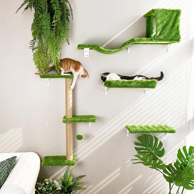 FUKUMARU Cat Wall Shelves, 4 in 1 Set, Green | Stable & Safe Cat Walls Furniture, Wooden Kitten Climbing Wall with Scratching Post for 16 Inch Drywall