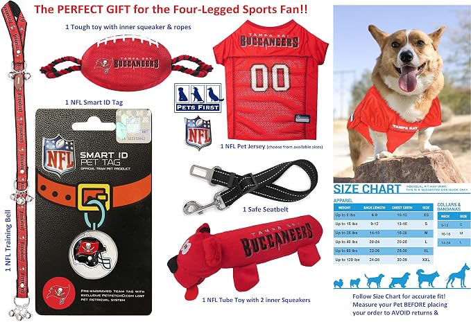 Tampa Bay Buccaneers PET GIFT BOX with 2 Licensed DOG TOYS, 1 Logo-engraved NATURAL DOG TREAT, 1 NFL JERSEY, 1 Puppy Training Bells & 1 Car Seatbelt