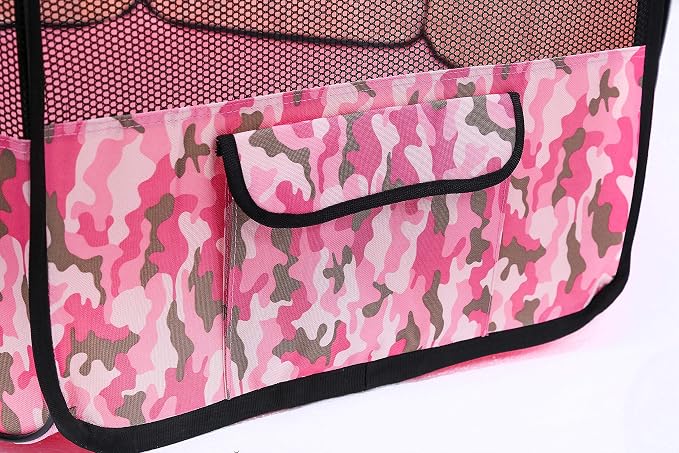 Pawer 45”×24” 8-Panel Foldable Pet Playpen, Pink Camouflage Pattern, Personalize Fabric Piece Available, for Cat/Dog/Puppy, 600D Oxford Cloth Portable Indoor & Outdoor Kennel with Carry Bag
