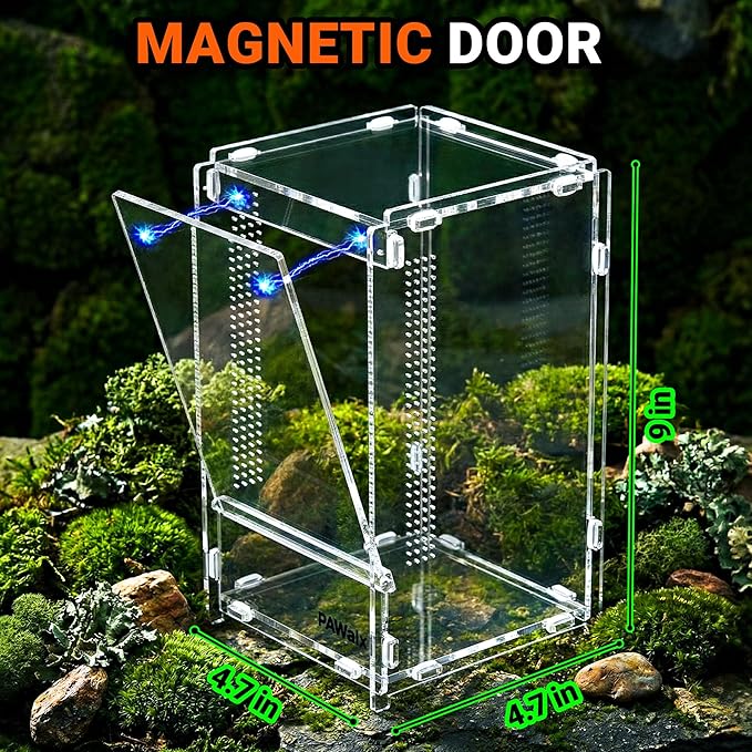 Jumping Spider Enclosure, Acrylic Terrarium with with Magnetic Doors, 0.8mm Micro-Ventilation, Stackable Escape-Proof Habitat for Jumping Spiders, Tarantulas & Small Reptiles, 4.7"x4.7"x9"