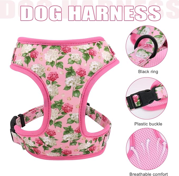 Beirui Cute Dog Collars,Harnesses,Leashes Set, Floral Pattern, Pink,M | Girl Dog Harness Set with Flower, Adjustable and Soft Mesh Lining, For Medium Dogs Daily Walks