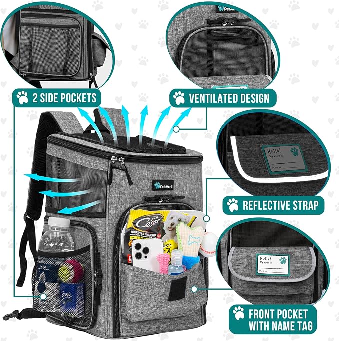 PetAmi Dog Backpack Carrier, Airline Approved 4-Way Entry Cat Backpack Carrier, Ventilated Mesh, Collapsible Pet Carrier for Small Puppy, Kitten, Hiking, Travel Car, Vet, up to 18 lbs, Heather Gray