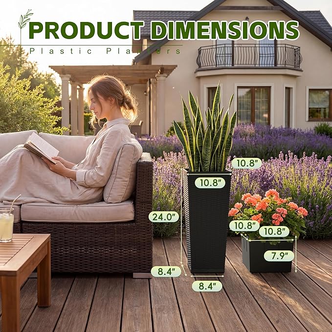 Devoko Resin Tall Planters for Outdoor Plants Set of 2, Large Taper Outdoor Planter Pots with 4 Drainage Holes, Flower Pots Modern Decor for Porch, Patio, Backyard, Home Garden (Black, 24'')