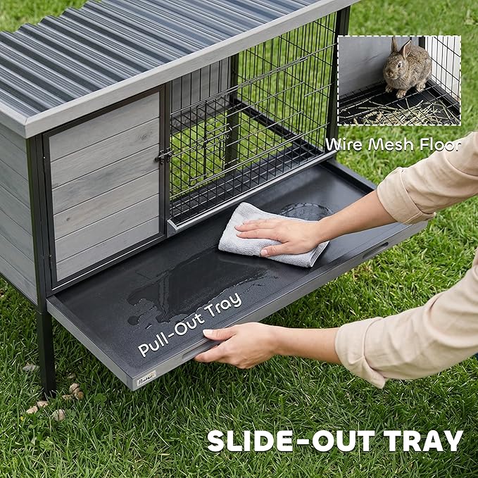 PawHut Elevated Rabbit Hutch Outdoor, Wooden Rabbit Cage Bunny House with Pull-Out Tray and Openable Plastic Roof for Indoor Outdoor, Light Gray
