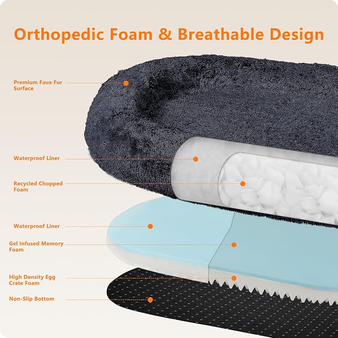 Human Dog Bed for Adult, Orthopedic Gel Memory Foam, 71"x47"x9" | Human Dog Bed Fits Adult & Pets, Reversible Egg-Crate Foam Cushion, Washable Pet Bed with Blanket, Graphite Grey