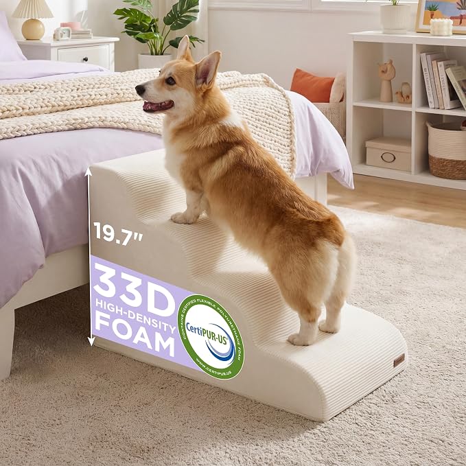 Lesure Dog Pet Stairs for Small Dogs, Beige, 4 Steps | Pet Steps Ramp for High bed and Couch, 33D CertiPUR-US Certified Foam, Indoor and Car Use, Non-Slip Bottom, Removable Cover