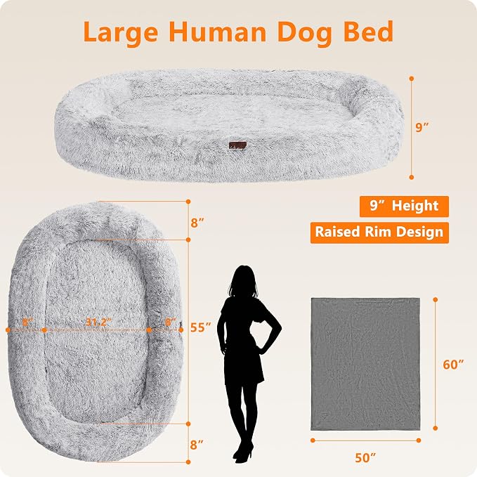 Human Dog Bed for Adult, Orthopedic Gel Memory Foam, 71"x47"x9" | Human Dog Bed Fits Adult & Pets, Reversible Egg-Crate Foam Cushion, Washable Pet Bed with Blanket, Ombre Grey
