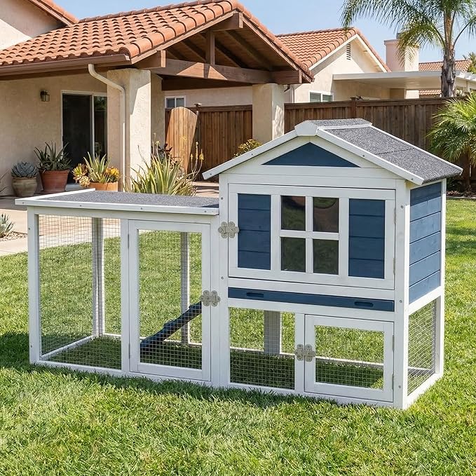 Large Outdoor Rabbit Hutch with Waterproof Asphalt Roof, 54.7” x 24.2” x 34” Wooden Bunny Cage for 2 Rabbits, Guinea Pigs & Chickens, Easy-Clean Pull-Out Tray & Anti-Rust Metal Door