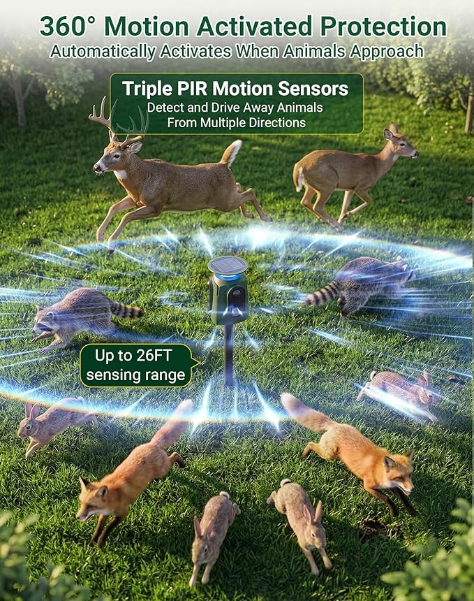 360° Solar Deer Repellent Devices, Ultrasonic Animal Deterrent with Motion Sensor & LED Lights, Waterproof Cat Repellent Outdoor, Repel Dog, Raccoon, Skunk & Coyote Out of Garden - USB Rechargeable