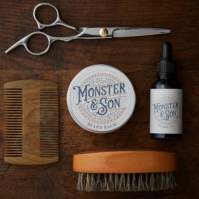 Monster&Son Premium 7-Item Organic Beard Kit - Beard Oil, Beard Balm, Beard Brush, Beard Comb, Scissors, Canvas Travel Bag - Male Grooming Kit in Gift Box - Great Mens Birthday Gift - Father's Day
