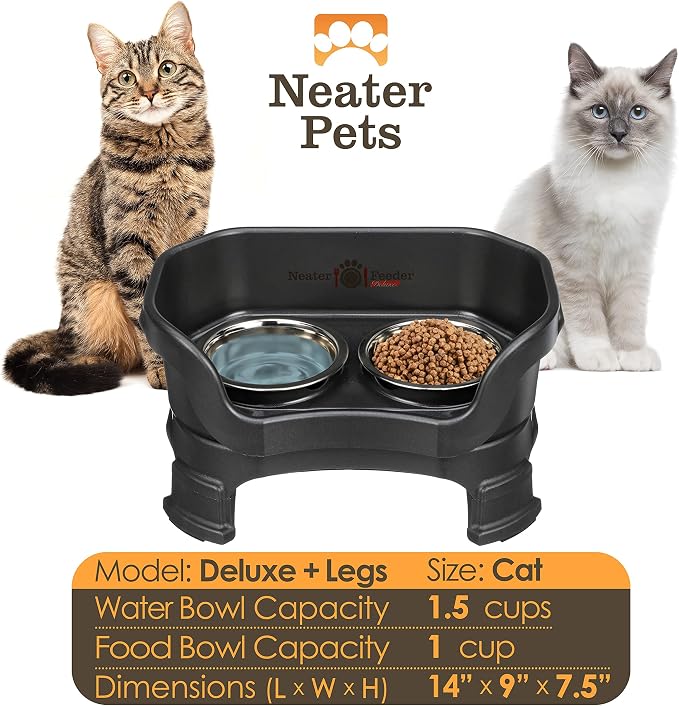 Neater Feeder Deluxe Mess-Proof Elevated Cat Bowls, 2 Height Adjustable (6” & 7.5”) No-Spill Raised Cat Bowl Stand, Whisker Friendly Stainless Steel Dishes for Indoor Cats, Made in USA, Black