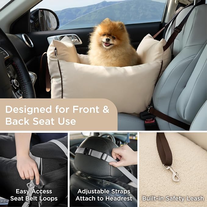 Lesure Dog Car Seat for Small Dogs,Booster Car Bed for Puppy Under 25lbs | Soft Pet Carseat with Clip-On Safety Leash and Thickened Memory Foam Filling,Dog Travel Carrier Bed with Storage Pocket,Beige
