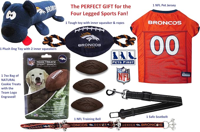 NFL Denver Broncos PET GIFT BOX with 2 Licensed DOG TOYS, 1 Logo-engraved NATURAL DOG TREAT, 1 NFL JERSEY, 1 NFL Puppy Training Bells & 1 Car Seatbelt