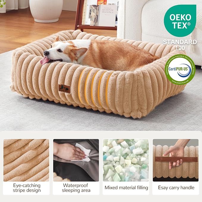 Dog Bed Medium Size Dog, Rectangle Orthopedic Pet Bed for Car and Indoor, Comfort Fluffy Memory Foam Dog Beds with Anti-Slip Bottom, Camel(30x24x8inchs)