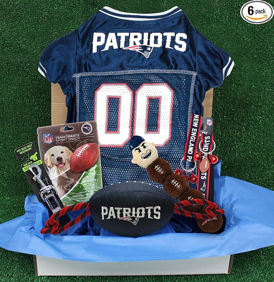 NFL New England Patriots PET GIFT BOX with 2 Licensed DOG TOYS, 1 Logo-engraved NATURAL DOG TREAT, 1 NFL JERSEY, 1 NFL Puppy Training Bells & 1 Car Seatbelt