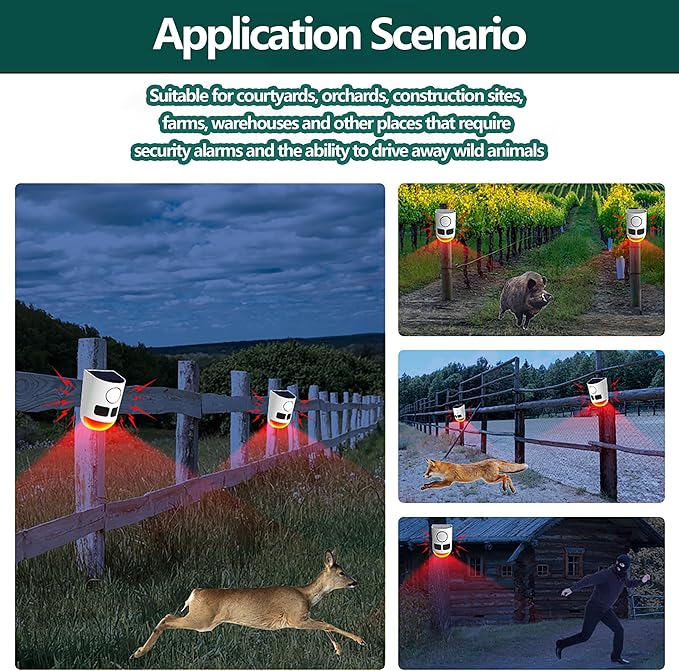 Solar Motion Sensor Alarm: 129dB Loud Dog Barking or Gunshot Sound for Deer, Raccoons - IP65 Security Siren with 4 Modes & USB Backup Power - Night & Day Strobe Light for Yards, Coops-1 Pack