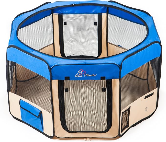 Pawer 45”×24” 8-Panel Foldable Pet Playpen, Blue+Beige, Personalize Embroidery Extra Fabric Piece Available, for Cat/Dog/Puppy, 600D Oxford Cloth Portable Indoor & Outdoor Kennel with Carry Bag
