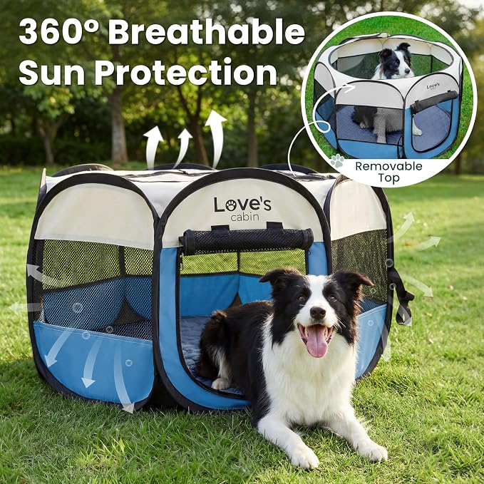 Love's cabin Dog Playpen with Washable Pee Pad, Puppy Pet Cat Playpen Small Dogs Tent Crate Indoor/Outdoor, Portable Pop Up Kennel with Carrying Case for Cats/Rabbits(Blue,Small with pad)