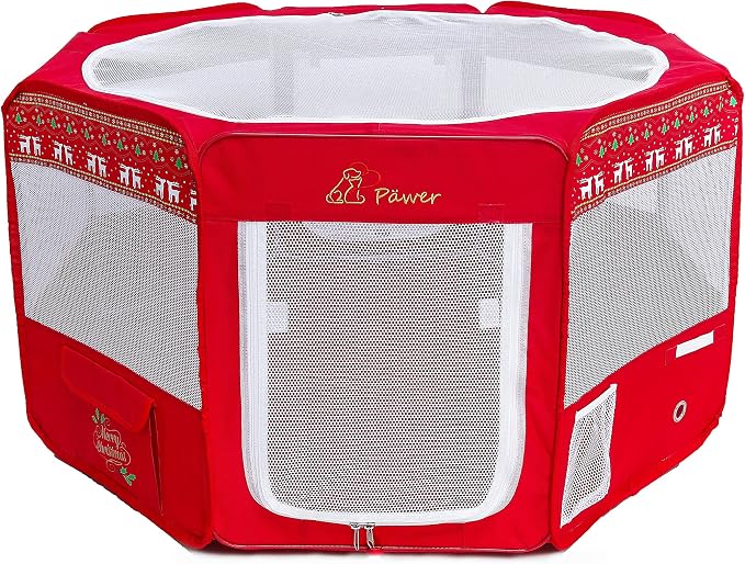 Pawer 45"x24" 8-Panel Foldable Pet Playpen, Red with Christmas Pattern Printing,Personalize Extra Fabric Piece Available, for Cat/Dog/Puppy, 600D Oxford Cloth Portable Kennel with Carry Bag