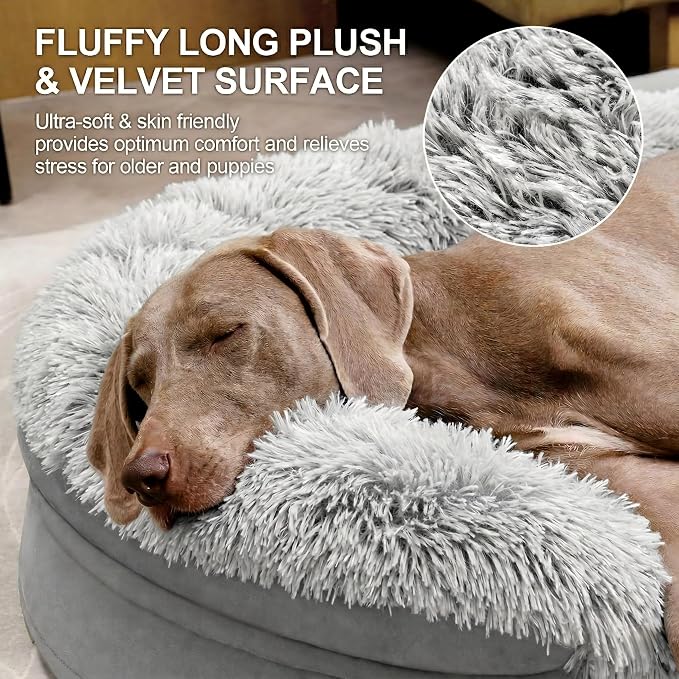 iweepet Fluffy Calming Orthopedic Dog Beds for Medium & Large Dogs, Supportive Dog Sofa Bed with 3.7 inch 28D Egg-Crate Foam, Removable Washable Plush Cover, Waterproof Lining, 41'',Grey