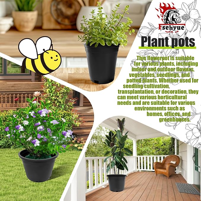 7 Gallon Nursery Pots Plastic Container Injection Molded Pot for Plants Flexible with Drainage Holes Suitable for Plants Soil Growers or Hydroponics Black 10 Pcs