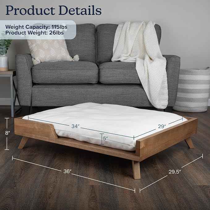 PETMAKER Elevated Dog Bed for Medium to Large Pets, Natural, 36” x 29.5” | Indoor Medium Dog Bed with Solid Wood Frame and Soft Cushion, Mid-Century Modern Raised Pet Furniture