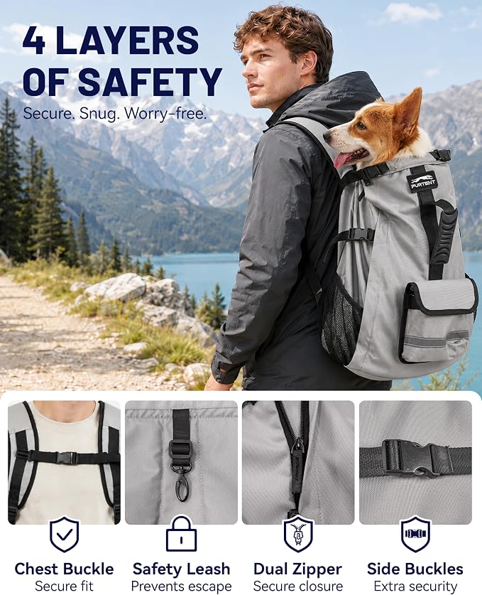 Dog Backpack Carrier for Small and Medium Dogs 4-Layer Safety Design (S) | Detachable Waist Bag with padded shoulder straps, breathable mesh and storage pockets for travel and hiking