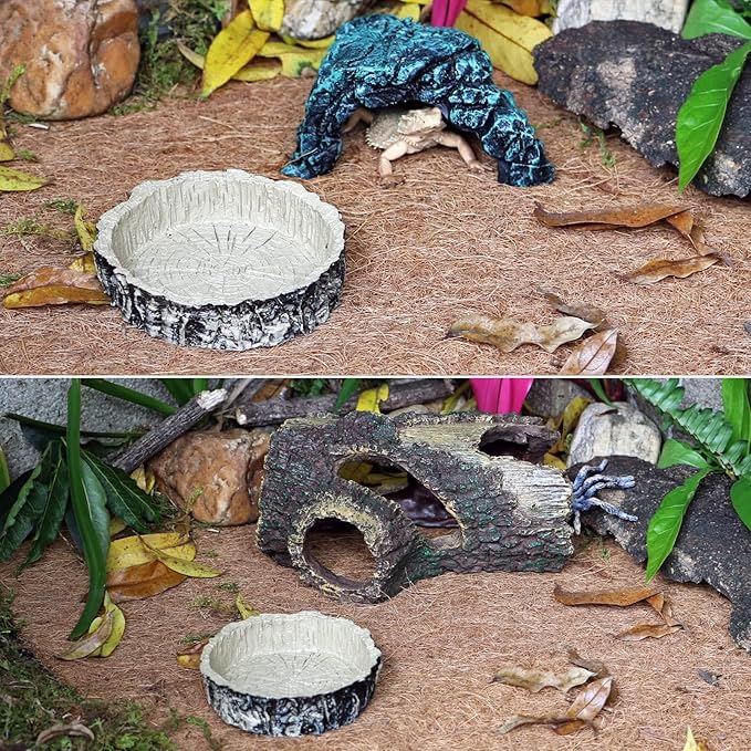 (2 Pack) Reptile Feeding Dish Bowl,Reptile Tree Trunk Food/Water Dish for Reptiles,Amphibians,Bearded Dragon,Lizard,Gecko,Tortoise,Hermit Crab and Little Critters,Made from Premium Resin(Small Size)