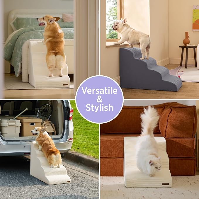 Lesure Dog Pet Stairs for Small Dogs and Cats, Grey, 3 Steps | Pet Steps Ramp for Bed and Couch, 33D CertiPUR-US Certified Foam, Indoor and Car Use, Non-Slip Bottom, Removable Cover