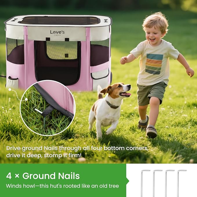Love's cabin Pet Puppy Dog Playpen, Large Dog Tent Crates Cage Indoor/Outdoor, Portable Exercise Playpen for Cat, Foldable Pop Up Dog Kennel Playpen with Carring Case (L, Light Pink)