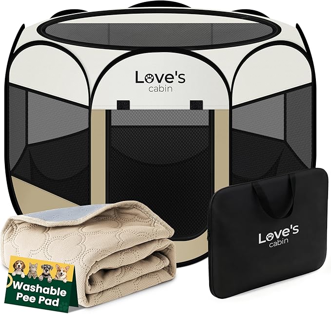 Love's cabin Dog Playpen with Washable Pee Pad, Puppy Pet Cat Playpen Small Dogs Tent Crate Indoor/Outdoor, Portable Pop Up Kennel with Carrying Case for Cats/Rabbits(Khaki,Small with pad)