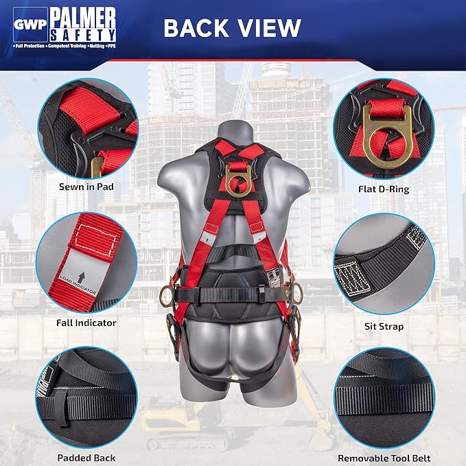 Fall Protection Hammerhead Kit I 5pt Safety Harness, 6' Double Leg Lanyard, 18" D-Ring Extender (Red - MD)