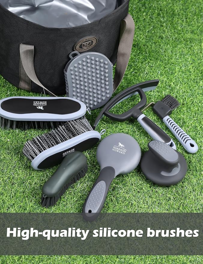 Harrison Howard Horse Grooming Kit 9 Piece with Tote, Non-Slip Silicone Grip Brush Set for Horses, Shedding Bathing Daily Care, Beginner Friendly Black