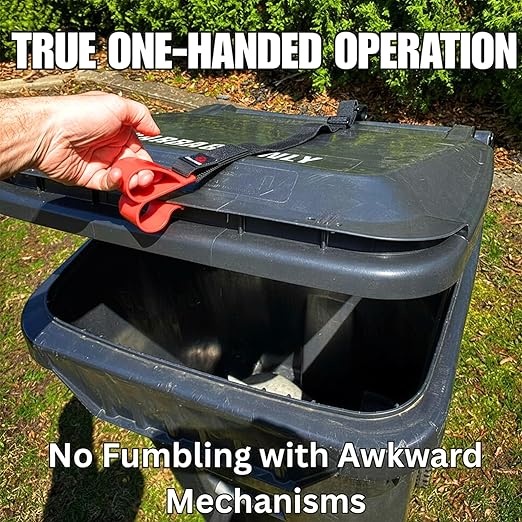MAX – Extreme Weather Trash Can Lock, Rigid Polycarbonate Design Won’t Warp or Crack, Raccoon-Proof Garbage Bin Strap, One-Hand Operation