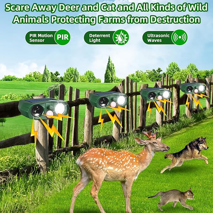Solar Animal Repellent Outdoor, 4 Pack Ultrasonic Deer Deterrent Devices with Motion Sensor, Garden Deterrent for Cats Squirrels Rabbits Rodents, Waterproof Cat Repellent for Yard
