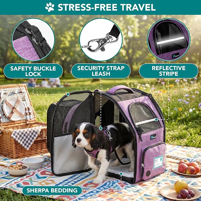 PetAmi Expandable Dog Backpack Carrier for Cats & Pets, Breathable Cat Carrier Backpack with Top Window & Multi-Entry, Ventilated Foldable Travel Carrier for Small Medium Pets up to 18 lbs, Purple