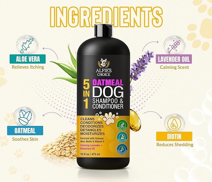 ALFIE'S CHOICE Oatmeal Dog Shampoo and Conditioner for Itchy Skin Relief | Puppy Shampoo for Sensitive Skin 5-in-1 | Cleans, Deodorizes & Detangles | Dog Wash for All Breeds | Made in USA | 16 fl oz