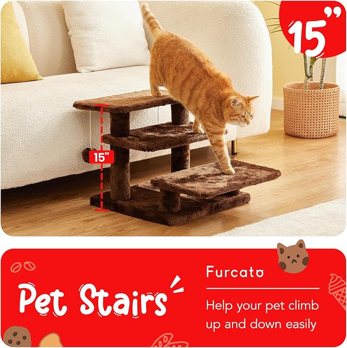 15''H Multi-Step Pet Stairs for High Beds & Sofas, 3-Step Cat Stairs with 2 Toy Balls, Wide Boards for Indoor Kittens Dogs Pets Climbing, Brown