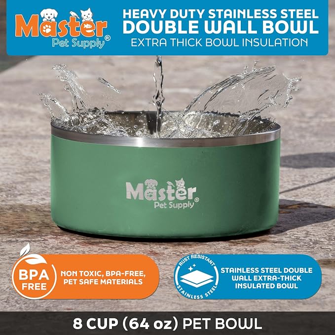 Master Pet Supply Stainless Steel Dog Bowls - 64 oz, Heavy Duty - Camo Patrol, Double Wall Extra-Thick Insulated, Non-Slip Pet Water Bowl for Dogs, Cats & Pets, Anti Rust Metal, Dish Washer Safe