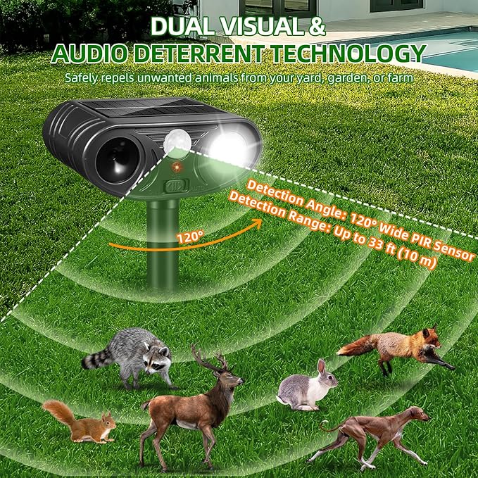 4 Pack Ultrasonic Solar Animal Repellent Outdoor,Sonic Fortress Pro Deer Repellent with Strobe Light, Waterproof Squirrel Cat Repellent Outdoor Rabbit Bird Raccoon Deterrent for Yard Garden Farm