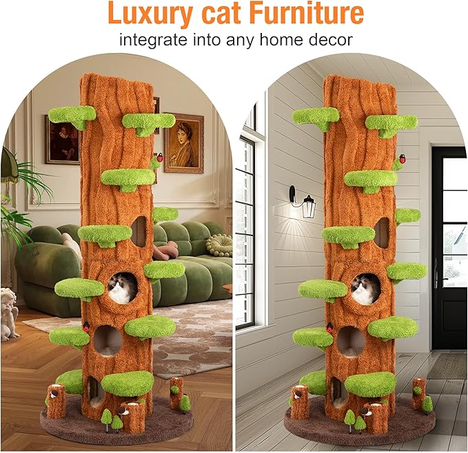 2-Pack 90.5" Tall Cat Tree for Indoor Cats, KAMABOKO Multi-Level Tall Cat Tower with Sisal-Covered Scratching Posts, Plush Perches, Hanging Toys & Spring Toys, Large Kitty Condo with Jumping Platforms