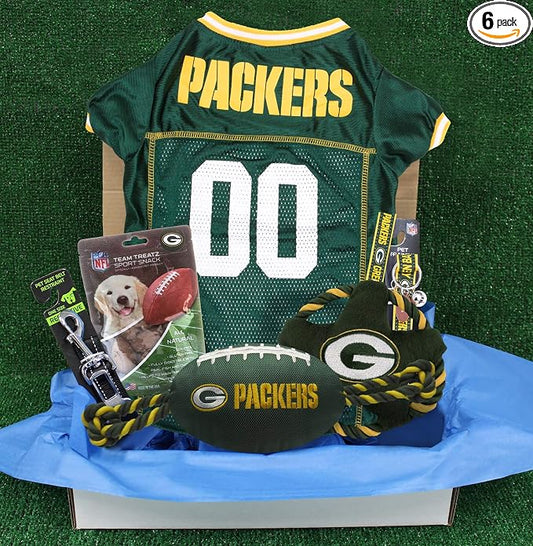 NFL Green Bay Packers PET GIFT BOX with 2 Licensed DOG TOYS, 1 Logo-engraved NATURAL DOG TREAT, 1 NFL JERSEY, 1 NFL Puppy Training Bells & 1 Car Seatbelt