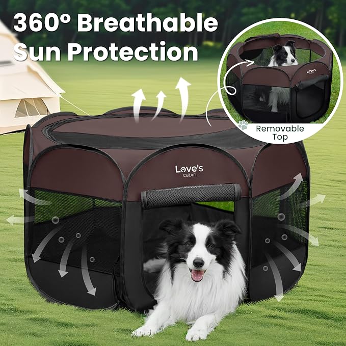 Love's cabin Pet Puppy Dog Playpen, Medium Dog Tent Crates Cage Indoor/Outdoor, Portable Playpen for Cat, Foldable Pop Up Dog Kennel Playpen with Carring Case, Removable Zipper Top, Brown
